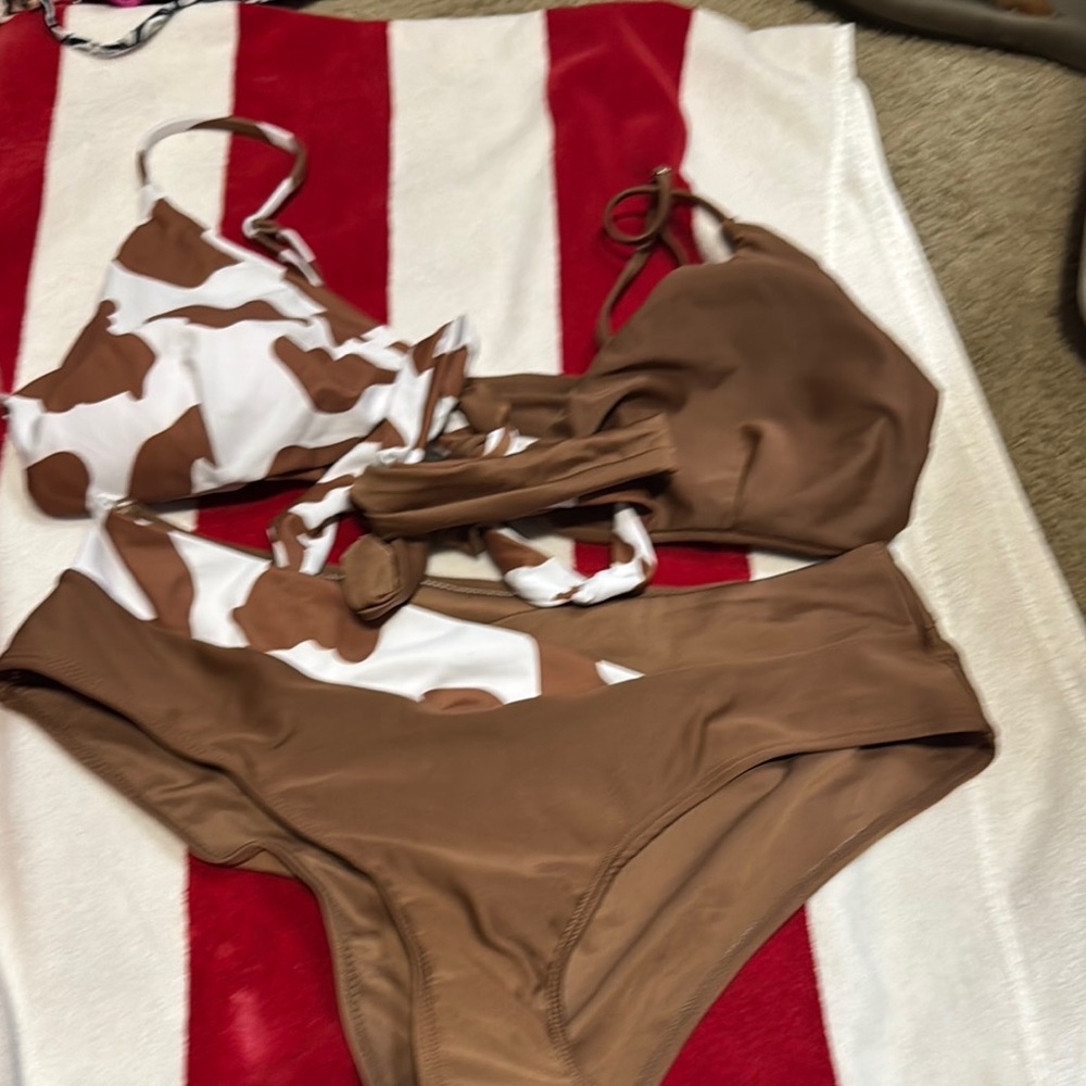 Brown and White Bikini Set